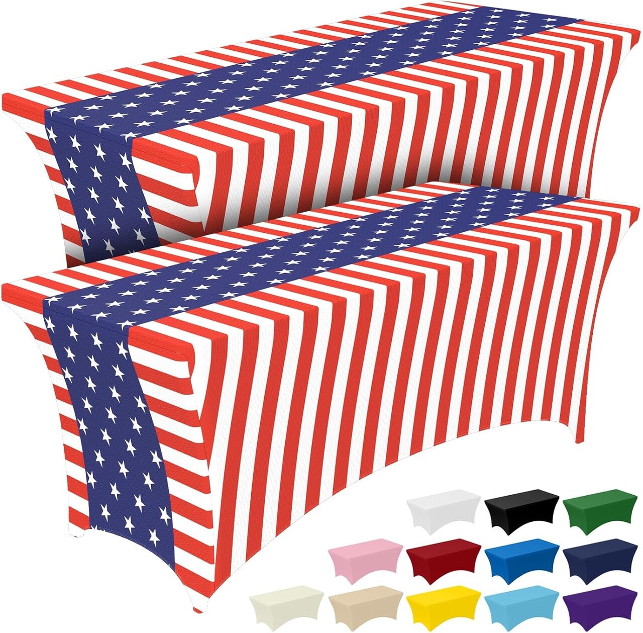 4th of July Table Cloths – 2 Pack USA 250th Anniversary Spandex Fitted Stretch Table Covers, 6ft Rectangle American Flag Tablecloths for Independence Day Party